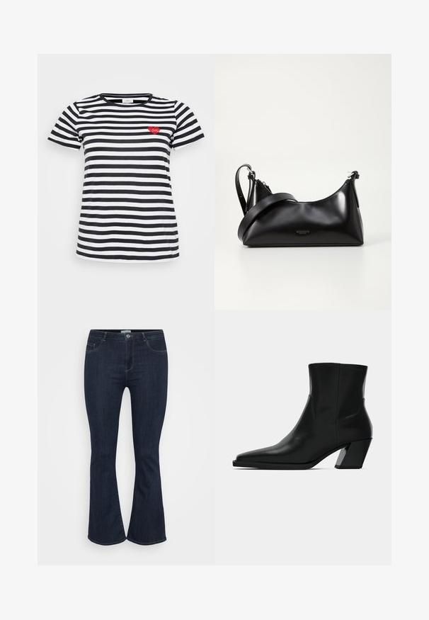 Schwarz-weißer gestreifter T-Shirt mit Rundhalsausschnitt und kurzen Ärmeln, mit einer kleinen roten Herzstickerei auf der linken Brust.; Dunkelblaue, hoch taillierte Jeans aus Denim mit schmalem Oberschenkel und leicht ausgestelltem Beinende, ausgestattet mit Fronttaschen und einem Knopfverschluss.; Schwarze Leder-Stiefelette mit spitzem Zeh, schlanker Silhouette und klobigem quadratischem Absatz. Glatte Textur mit minimalen Nähdetails.; Schwarze lederne Handtasche mit glatter Textur. Verfügt über einen verstellbaren Riemen und ein elegantes, minimalistisches Design mit einem Reißverschluss.