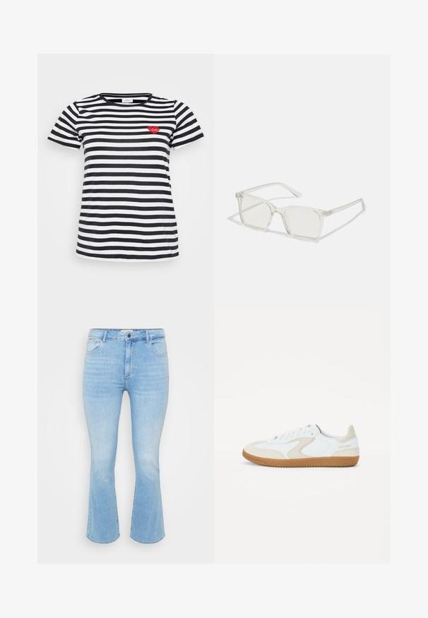 Sort og hvid stribet t-shirt med rund hals og korte ærmer, med en lille rød hjertebrodering på venstre bryst.; Lys blå denim jeans med en tætsiddende talje, flagrende bukseben, fem-lomme design og subtil forvitring i stofstrukturen.; Hvide sneakers med brune accenter, suede og glatte lædermaterialer, rund tå, flad gummisål og logo på hælen.; Klare plastiske briller med firkantet ramme og gennemsigtige linser, der har guld accenter på tempelstængerne for ekstra detaljer.