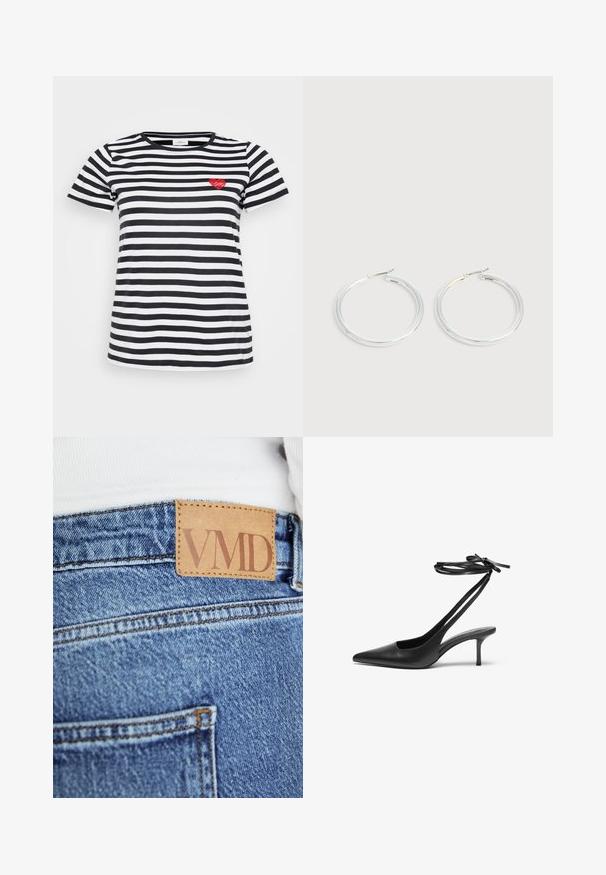 Sort og hvid stribet t-shirt med rund hals og korte ærmer, med en lille rød hjertebrodering på venstre bryst.; Nærbillede af blå denimjeans med brun læderetiket syet på linningen med teksten "VMD".; Sorte læder stiletto sko med spids tå, åben bag, og ankelstropper bundet i en sløjfe. Slank 3-tommers hæl. Glat overflade, minimalistisk design.; Par skinnende sølvøreringe med tynde trådlåse, vist på en lys grå baggrund.