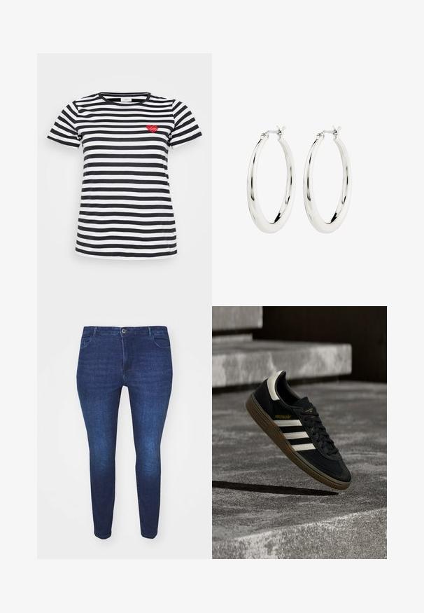 Schwarz-weißer gestreifter T-Shirt mit Rundhalsausschnitt und kurzen Ärmeln, mit einer kleinen roten Herzstickerei auf der linken Brust.; Dunkelblaue Slim-Fit-Jeans aus Denim mit einem Frontknopf und Taschen, von der Front gegen einen weißen Hintergrund gezeigt.; Schwarzer Adidas-Sneaker mit weißen Streifen und Gummisohle schwebt über grauen Betonstufen im natürlichen Licht.; Silberne Creolen mit einer glatten, glänzenden Oberfläche. Kreisform, ausgestattet mit einem sicheren Verschluss. Einfaches und elegantes Design.