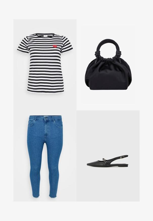 Schwarz-weißer gestreifter T-Shirt mit Rundhalsausschnitt und kurzen Ärmeln, mit einer kleinen roten Herzstickerei auf der linken Brust.; Schlanke blaue Denim-Jeans mit hoher Taille, Fünf-Taschen-Design und rohem Saum. Das Material wirkt glatt mit leichter Verfärbung an den Oberschenkeln.; Schwarze Slingback-Schuhe aus Leder mit spitzer Zehenpartie, schmalem Riemen und silberner Schnallenverzierung an der Seite. Flache Sohle.; Schwarze weiche Stoffhandtasche mit gerafftem oberen Rand und runden, gepolsterten Griffen, die auf jeder Seite mit Knoten gebunden sind.