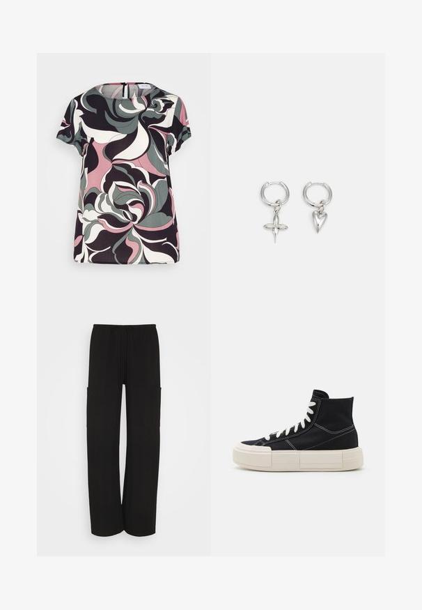 VILA VIPAYA - Tričko s potlačou - black; Weekday ADISA SUITING TROUSER - Kapsáče - black; Čierne plátěné vysoké tenisky s bielymi šnúrkami, hrubou krémovou podrážkou, kontrastným šitím a zaobleným tvarom špičky.; Strieborné kruhové náušnice s príveskom v tvare kríža a srdca. Hladký, lesklý povrch s lešteným dokončením. Každý prívesok visí na bezpečnej slučke.