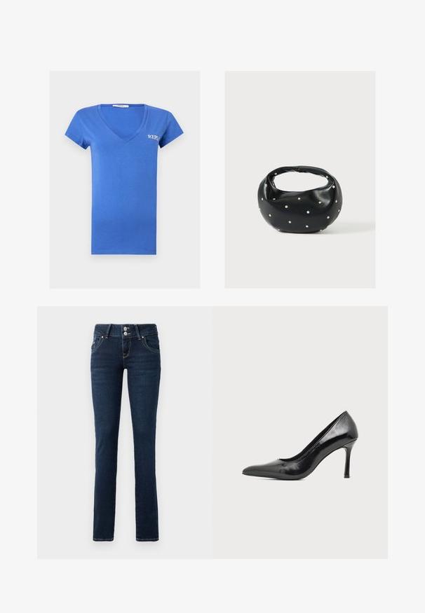 Blaues kurzärmeliges V-Ausschnitt-T-Shirt mit kleinem weißem "REPLAY"-Logo auf der linken Brust, dargestellt auf einem schlichten hellen Hintergrund.; Dunkelblaue Skinny-Jeans mit doppelt-knopfverschluss, Fronttaschen und gelben Nähten auf einem weißen Hintergrund.; Schwarzer Damenspitzschuh aus Lackleder mit spitzer Zehenpartie und schlankem Absatz auf hellem, schlichter Hintergrund.; Schwarze Lederhandtasche mit abgerundeter Form, verziert mit silbernen Nietenakzenten und kurzem Griff. Glatte Struktur und Reißverschlussverschluss.