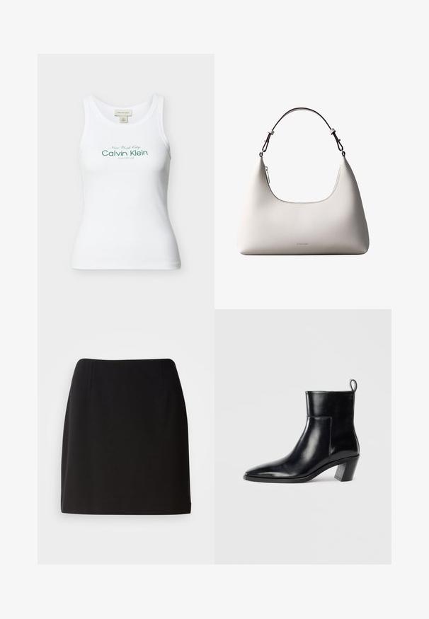 Biely rebrovaný tielkový top Calvin Klein bez rukávov so zeleným textom „New York City Calvin Klein Established 1968“ na prednej strane.; Čierna sukňa s priliehavým strihom, vyrobená zo hladkej tkaniny. Má jemné predné záhyby a strih do polovice stehien.; Čierna kožená členková čižma s špicatou špičkou, geometricky tvarovaným podpätkom a pútkom na zadnej strane. Hladká textura a elegantný dizajn.; Krémová kožená kabelka Calvin Klein cez rameno s oblým horným okrajom, strieborným zipsom a tmavo hnedým nastaviteľným remienkom.