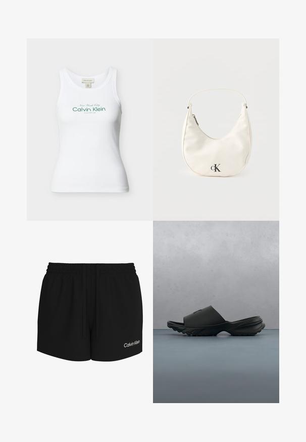 Λευκή ριμπ αμάνικη μπλούζα Calvin Klein με πράσινο κείμενο "New York City Calvin Klein Established 1968" μπροστά.; Μαύρα σορτς με ελαστική μέση και κορδόνι, με λευκό λογότυπο Calvin Klein στο κάτω δεξί πόδι.; Μαύρο σανδάλι slide με το λογότυπο "CK" να αιωρείται πάνω από ξύλινο δάπεδο με σχέδια, σε εξωτερικό χώρο με θολό πράσινο φυτικό φόντο και σκυρόδεμα.; Μικρή λευκή τσάντα σε σχήμα ημισελήνου με κοντό λουράκι, κλείσιμο με φερμουάρ και μαύρο λογότυπο "cK" μπροστά.