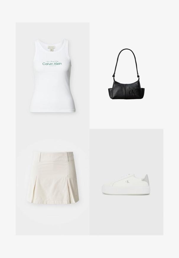 Débardeur Calvin Klein blanc côtelé sans manches avec texte vert « New York City Calvin Klein Established 1968 » sur le devant.; Jupe en coton beige clair avec une taille ajustée, un design plissé et un ourlet droit, présentant une texture lisse et sans éléments métalliques visibles.; Baskets en toile blanches avec une semelle blanche épaisse, présentant un accent argent métallique au niveau du talon et un subtil logo sur le côté.; Sac à bandoulière en cuir noir avec une longue sangle, des poches latérales et le logo Calvin Klein embossé sur le devant.