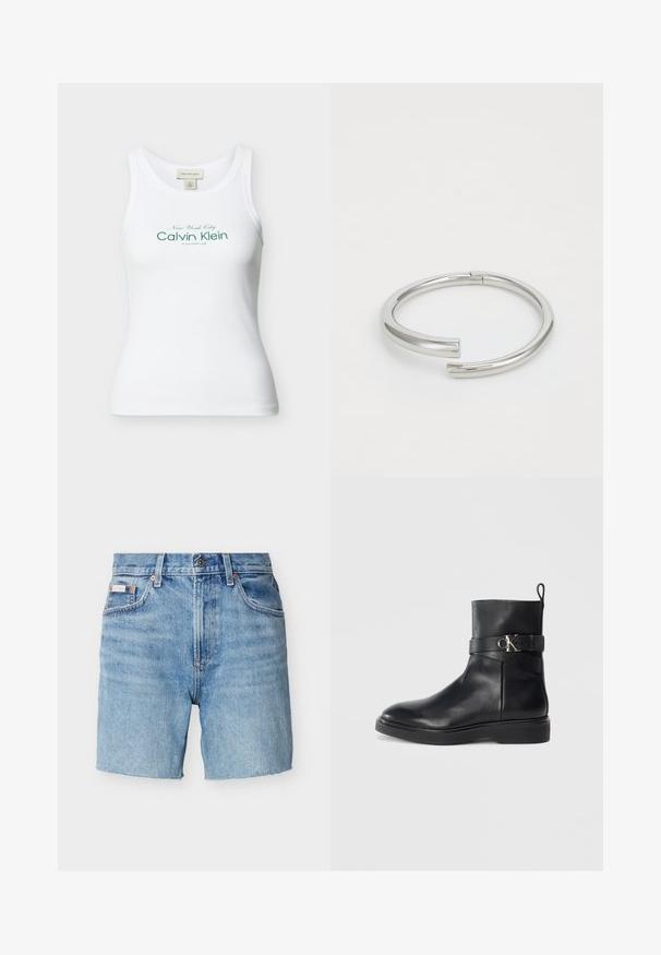 Λευκή ριμπ αμάνικη μπλούζα Calvin Klein με πράσινο κείμενο "New York City Calvin Klein Established 1968" μπροστά.; Σορτς από ανοιχτό μπλε τζιν με κλείσιμο κουμπιού και φερμουάρ, θηλιές για ζώνη, μπροστινές τσέπες και μικρή ετικέτα μάρκας στην αριστερή τσέπη.; Μαύρη δερμάτινη μπότες έως τον αστράγαλο με επίπεδο πάτο, διαθέτοντας μια πλαϊνή λωρίδα και λεπτομέρειες λογότυπου CK σε ασημί τόνο. Λείος υφή και κομψός σχεδιασμός.; Calvin Klein SPIRAL - Βραχιόλι - silver-coloured