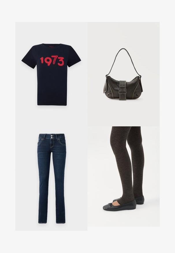 T-shirt en coton bleu marine avec un graphisme rouge vif "1973" accompagné du texte "Pepe Jeans". Manches courtes et encolure ronde.; Jean skinny bleu marine avec fermeture à double bouton, poches avant et surpiqûre jaune sur fond blanc.; Jambes portant des leggings côtelés foncés associés à des ballerines noires avec de petits détails en nœud sur fond blanc.; Sac à épaule en cuir noir avec une sangle à boucle, des bords arrondis et des coutures blanches contrastées sur un fond uni.