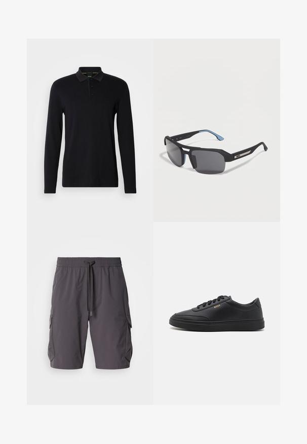 Polo negro de manga larga hecho de tela suave. Cuenta con un cuello, una tapeta con tres botones y un sutil logo en el pecho.; Pantalones cortos cargo grises hechos de un tejido ligero, con cintura elástica y cordón, bolsillos laterales y un ajuste ligeramente holgado.; Zapatillas de cuero negro con una textura suave, punta redondeada, suela plana de goma y cordones a tono. Presentan el logotipo dorado "BOSS" en el lateral.; Gafas de sol negras semiframework con lentes grises, puntas interiores de las varillas en azul y logotipo BOSS plateado en las varillas negras.