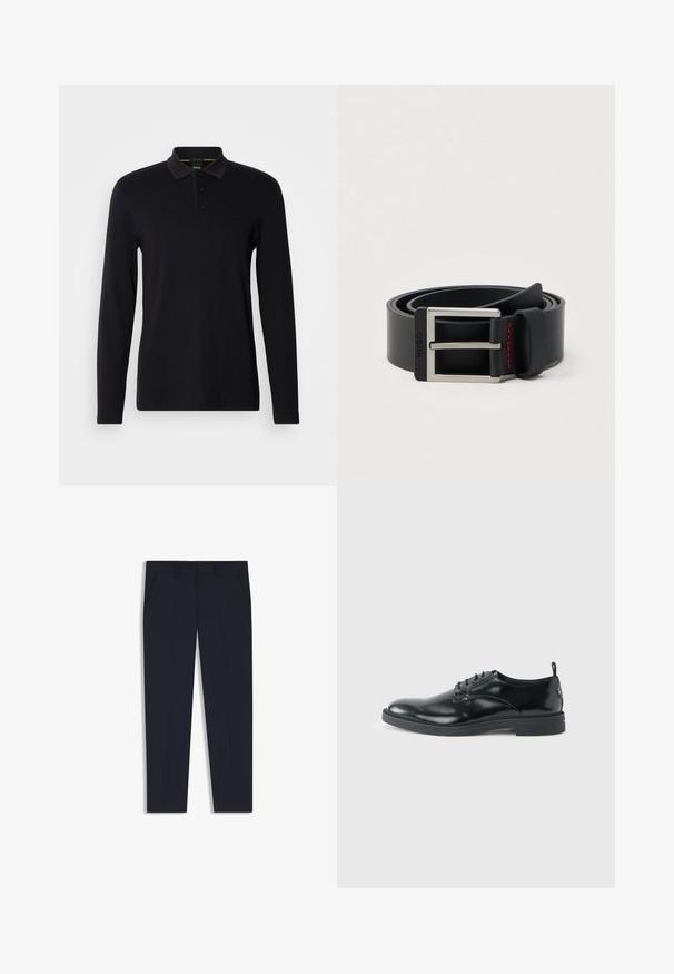 Polo negro de manga larga hecho de tela suave. Cuenta con un cuello, una tapeta con tres botones y un sutil logo en el pecho.; Pantalones azul marino con un corte ajustado, que cuentan con dos bolsillos frontales, un diseño plano en la parte delantera y una textura suave. Sin patrones ni adornos visibles.; Zapato de vestir negro de cuero brillante con tacón bajo, cierre de cordones y puntera redonda, mostrado de lado sobre un fondo claro y liso.; Cinturón de cuero negro enrollado con una hebilla metálica rectangular plateada y detalles de costura roja cerca del lazo de la hebilla.