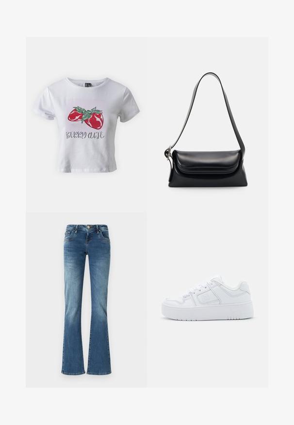 Pieces PCSELIA O NECK BABY TEE BOX - Tričko s potlačou - bright white; Rozšírené džínsy v stredne modrej farbe s kontrastným šitím, piatimi vreckami a klasickým zapínaním na gombík a zips.; Biele syntetické tenisky s hladkým povrchom, okrúhlou špičkou, šnurovacím dizajnom a hrubou podrážkou s textúrovaným vzorom.; Čierna kožená kabelka so štruktúrovaným tvarom, hladkou textúrou a jedným ramenným popruhom. Obsahuje jemný, zaoblený dizajn klapky.