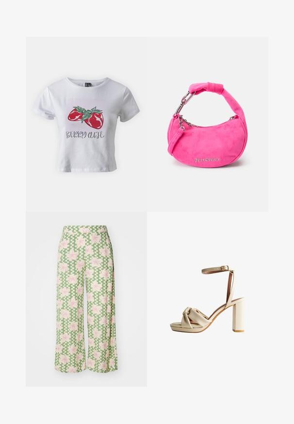 Pieces PCSELIA O NECK BABY TEE BOX - T-Shirt print - bright white; Weite Hosen aus einem grünen Stoff mit einem welligen Muster und pinken Blumen. Der Bund ist flach und unterstreicht das lässige Design.; Beige High-Heel-Sandale mit Knöchelriemen, Schnallenverschluss, vorne geknotetem Riemen und Blockabsatz vor weißem Hintergrund.; Rosa Wildleder-Handtasche mit geschwungener Form, kurzem gepolstertem Griff, silbernen Beschlägen und dem "Juicy Couture"-Logo in Schreibschrift auf der Vorderseite.