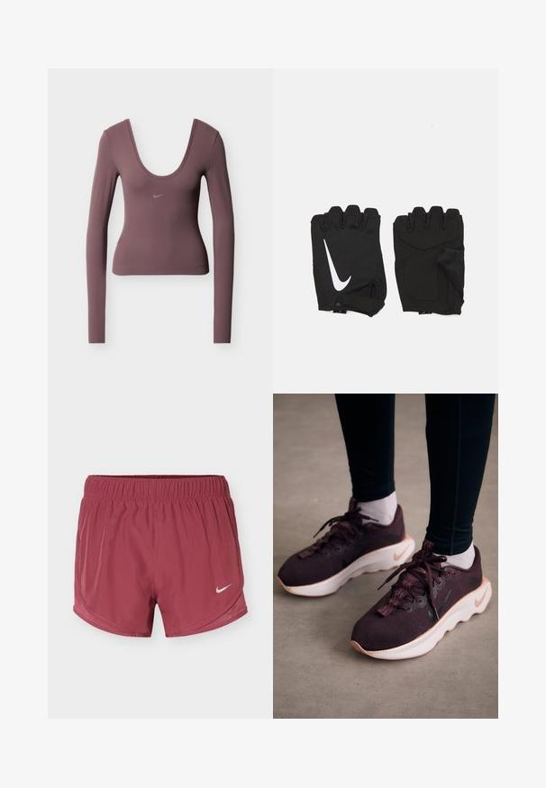 Pikad varrukad tumes mausipunases kangas, sügava kaelusega ja peene Nike logoga rinnal. Sile tekstuur, keha järgiv lõige.; Maroon Nike jooksutrikoo elastse vöökohaga ja valge Nike swoosh logoga paremal jalal ühevärvilisel taustal.; Tumesinis spordijalatsid tekstuurse kudumülemise, valge tallaga ja musta Nike logoga. Omavad ümarad paelad ja mustrilisi paelaauke.; Mustmusteta musta spordikindad, mis on valmistatud hingavast kangast, sisaldavad valget Nike logo, padjaga peopesad ja avatud randme disain paindlikkuse tagamiseks.