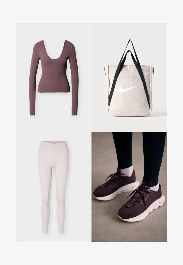 Top met lange mouwen in donker mauve stof, met een diepe ronde halslijn en een subtiel Nike-logo op de borst. Gladde textuur, nauwsluitend ontwerp.; Lichtbeige naadloze leggings met hoge taille en een overslagceintuur detail, plat liggend afgebeeld tegen een witte achtergrond.; Bordeauxrode sportschoenen met een gewoven bovenwerk, witte zool en zwart Nike-logo. Voorzien van ronde veters en patroonvormige veterlussen.; Beige Nike tote tas met groot wit swoosh-logo en lange zwarte schouderbanden, voorvak met rits, rechtopstaand tegen een effen achtergrond.