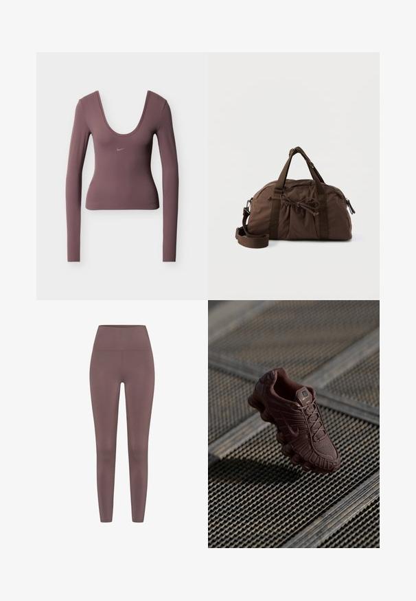 Langærmet top i mørk mauve stof med en dyb rund halsudskæring og et diskret Nike-logo på brystet. Glat tekstur, tætsiddende design.; Højlivede leggings i en dæmpet mauve farve, lavet af et glat, strækbart stof. Har et sømløst design uden synlig hardware.; Brun Nike sneaker med tekstureret mesh-overdel, karakteristisk buet sål og polstret krave, vist mod en mønstret baggrund.; Brun stof duffeltaske med to håndtag, justerbar skulderrem, frontlomme med plissering og snøre, samt lynlåslukket hovedrum.