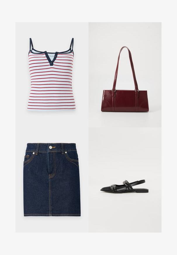 Witte geribbelde camisole met rode horizontale strepen, marineblauwe bies, dunne verstelbare bandjes en een V-hals met knopen.; Donkerblauwe denim rok met zichtbare stiksels, vijf zakken en een knoopsluiting aan de voorkant. Rechte snit met een schone zoomlijn.; Even&Odd by Zalando Slingback ballerina´s - black; Bourgondische handtas van glanzend materiaal, rechthoekige vorm, met twee schouderbanden en subtiele gebogen accenten aan de voorkant.