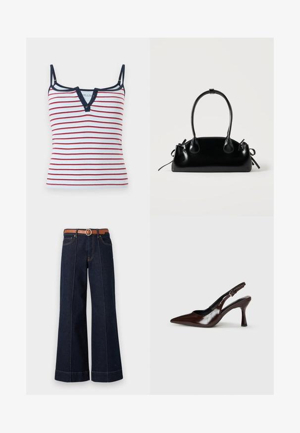 Witte geribbelde camisole met rode horizontale strepen, marineblauwe bies, dunne verstelbare bandjes en een V-hals met knopen.; Donkerblauwe denim wijde pijpen jeans met een hoge taille, een brown riem en zichtbare stikseldetails. Bevat voorzakken en heeft een relaxed fit.; Bruine gepatineerde leren slingback pumps met een spitse neus, een dunne hak en een verstelbaar bandje met een kleine gesp.; Kleine zwarte glanzende handtas met twee lange hengsels en zijkant trekkoord details op een effen lichte achtergrond.