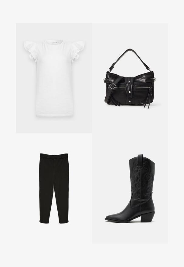 Vestido corto blanco con mangas cortas de volante con ojales y escote redondo, exhibido sobre un fondo liso.; Pantalones negros de tela tejida, con un diseño de corte recto, parte delantera plana y puños en los tobillos para un aspecto estilizado.; Botas de vaquero de cuero negro con punta afilada, patrones en relieve en espiral y un tacón de altura media. Presentan una lengüeta para facilitar el uso.; Even&Odd H24462 - Bolso de mano - black