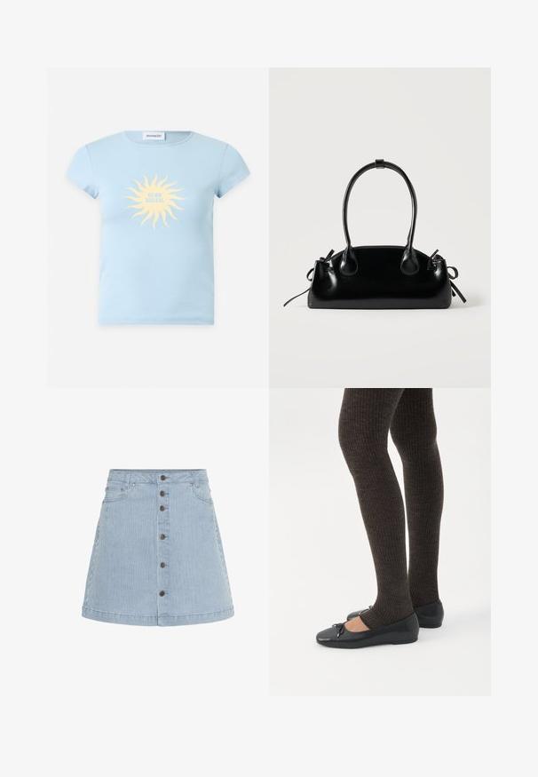 Lyseblå T-shirt med korte ærmer med en gul solgrafik og teksten "CLUB SOLEIL" trykt midt på fronten.; Lysblå denimnederdel med hvide striber. Har knaplukning foran, to sidelommer og en udvidet kant.; Ben iført mørke ribbede leggings kombineret med sorte balletsko med små sløjfedetaljer på hvid baggrund.; Lille sort blank håndtaske med to lange håndtag og snøre-detaljer i siden på en ensfarvet lys baggrund.
