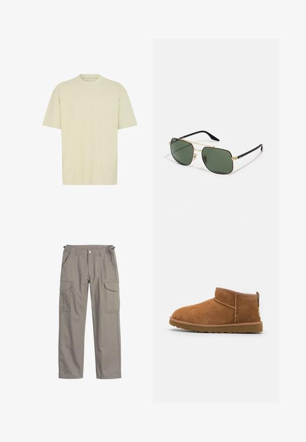 T-shirt beige clair à manches courtes avec un col rond. Tissu en coton doux, coupe décontractée et design minimaliste. Aucun motif ni accent visible.; Pantalons cargo en tissu gris clair, avec deux grandes poches latérales, des poches avant, une fermeture à bouton et une coupe ample.; Bottine en suède beige avec un bout rond, des détails de couture subtils et une semelle en caoutchouc texturée. Hauteur courte sans lacets.; Lunettes de soleil en métal doré avec des lentilles vertes, de forme rectangulaire, branches en plastique noir et un design bicolore. Comprend des plaquettes de nez pour le confort.