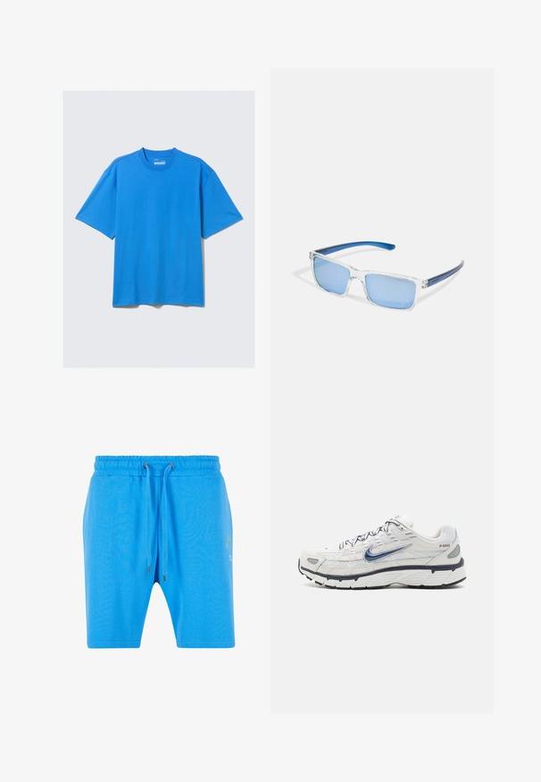 Lyseblå t-shirt med korte ærmer og rund hals, afslappet pasform, lagt fladt på hvid baggrund.; Blå bomuldsshorts med elastisk talje, snorelukning og diskret grafikdetalje på siden. Glat tekstur og afslappet pasform.; Nike Sportswear P 6000 - Sneakers - phantom/obsidian/summit white/white/black/metallic silver; Arnette MWAMBA - Solbriller - transparent