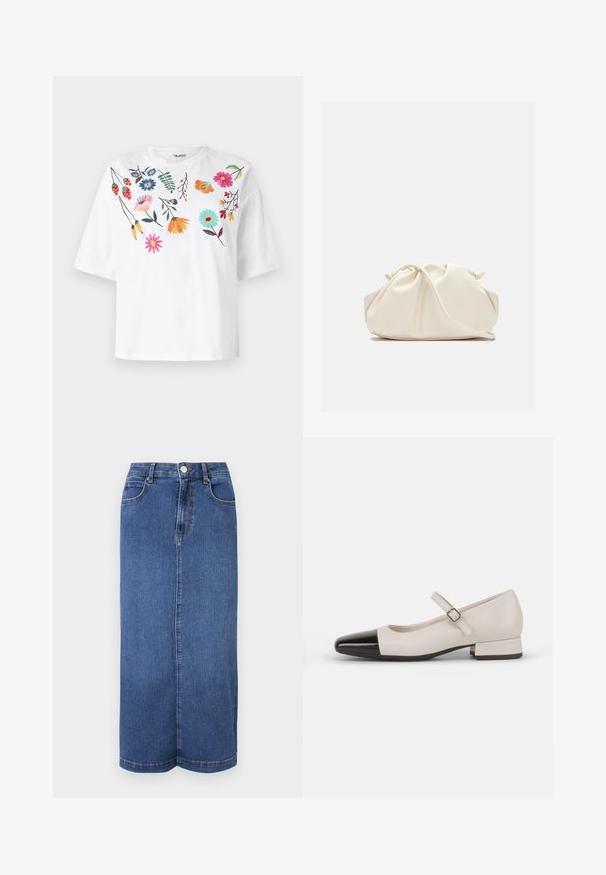 Object OBJCELESTE - Camiseta estampada - white; Falda larga de mezclilla en azul oscuro, con corte recto, cinturilla con cierre de botón y detalles de costura mínimos.; Zapato estilo Mary Jane en cuero crema con puntera de charol negro. Presenta una punta redonda, tirante en el tobillo con una hebilla cuadrada y un tacón bajo y cuadrado.; Bolso de mano de cuero suave de color crema con diseño fruncido y plisado y una delgada correa para el hombro que descansa delante sobre un fondo liso.