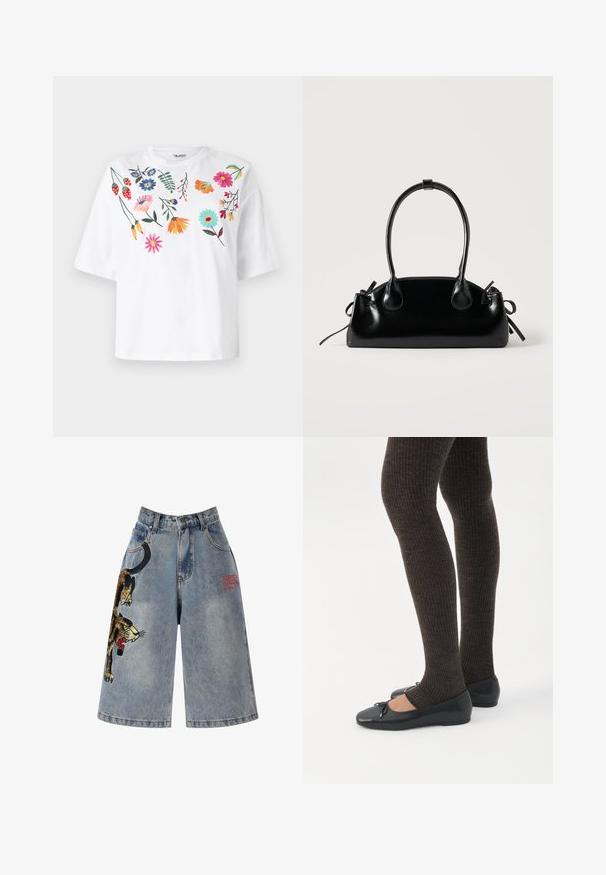 Object OBJCELESTE - T-shirt print - white; Ed Hardy PANTHER CRAWL - Jeansshort - bleach; Benen met donkere geribbelde leggings gecombineerd met zwarte ballerina's met kleine strikdetails op een witte achtergrond.; Kleine zwarte glanzende handtas met twee lange hengsels en zijkant trekkoord details op een effen lichte achtergrond.