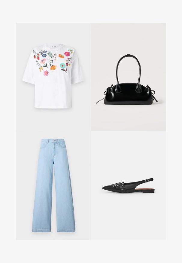 Object OBJCELESTE - T-shirt print - white; Lichtblauwe wijd gewaide jeans van denim, met een hoge taille, voorzakken en schone zomen met minimale stikdetails.; Zwarte leren slingback ballerina met spitse neus, voorzien van twee horizontale bandjes en vierkante zilveren gespen, lage hak en een gladde textuur.; Kleine zwarte glanzende handtas met twee lange hengsels en zijkant trekkoord details op een effen lichte achtergrond.
