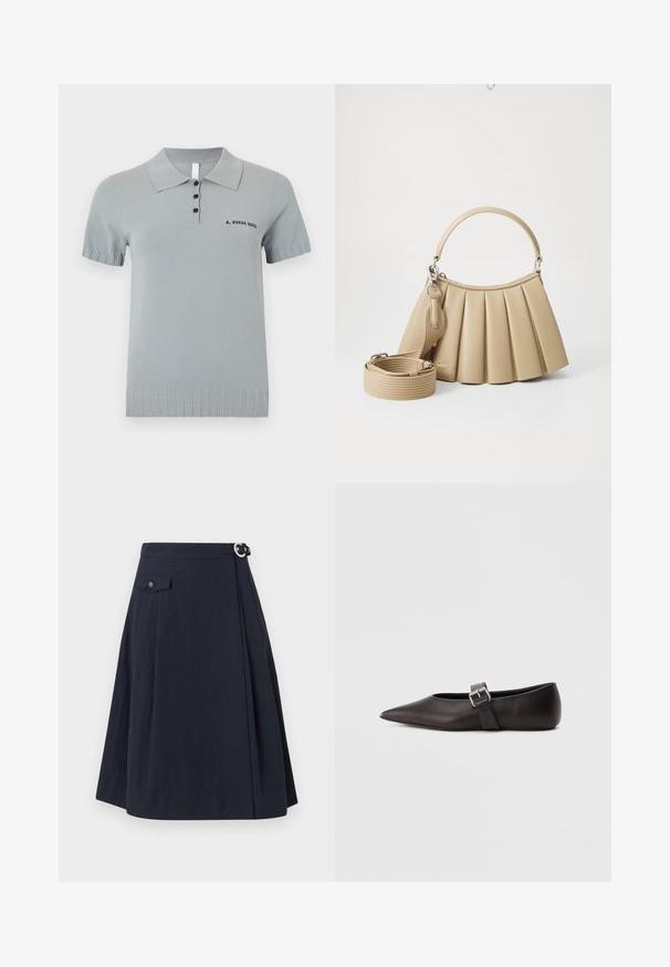 Polo gris clair en tissu tricoté, avec col, manches courtes et trois boutons noirs. "A. ROEGE HOVE" imprimé en noir.; Jupe évasée bleu marine avec fermeture à boutons sur le côté, dotée d'une poche avant et d'un tissu lisse et léger avec un léger éclat.; Chaussure plate en cuir noir à bout pointu avec une fine lanière et une boucle métallique sur le côté. Texture lisse avec un design minimaliste.; Lacoste LENGLEN BAG - Sac à main - viennois