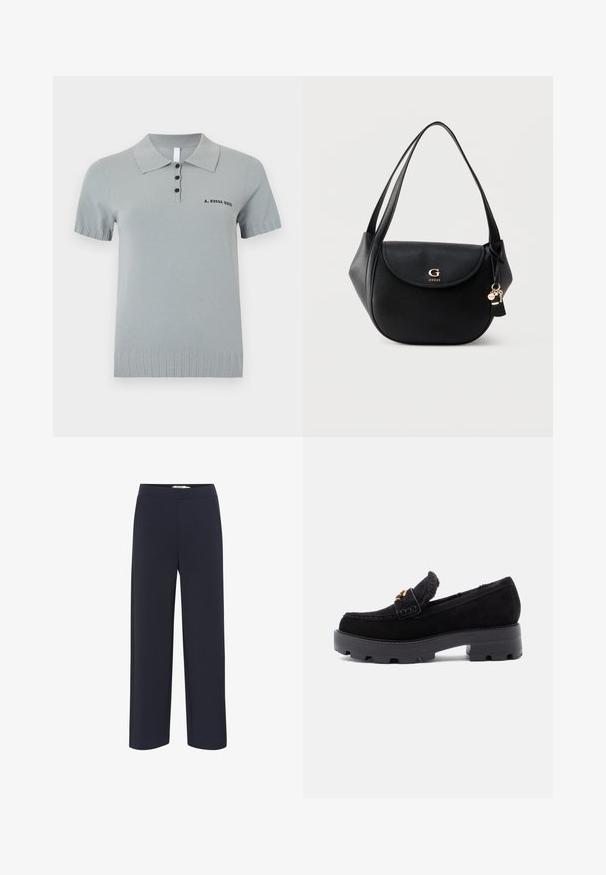 Lysegrå poloshirt lavet af strikket stof med krave, korte ærmer og tre sorte knapper. "A. ROEGE HOVE" trykt i sort.; Marineblå bredbenede bukser lavet af blødt stof med elastisk talje og uden synlige lommer eller udsmykninger.; Sorte ruskinds loafers med en kraftig gummisål, der har en guldhardwaredetalje foran og en blød foring synlig ved åbningen.; Sort læder skuldertaske med buet klap, gyldent "G GUESS" logo, dobbelte stropper og hængende nøglering vedhæng på ensfarvet baggrund.