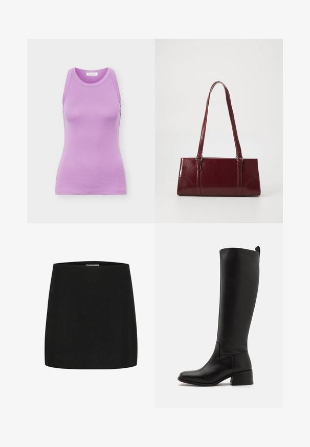 Camiseta sin mangas para mujer en color lavanda, con cuello redondo y silueta ajustada, confeccionada con tela suave, mostrada sobre un fondo liso.; Minifalda negra hecha de un tejido texturizado, con un corte simple y recto, sin adornos ni patrones visibles.; Bota negra hasta la rodilla hecha de cuero suave con tacón bloque, punta redondeada y un diseño elegante y sin adornos.; Bolso burdeos hecho de material brillante, de forma rectangular, con dos asas para el hombro y sutiles acentos curvados en la parte frontal.