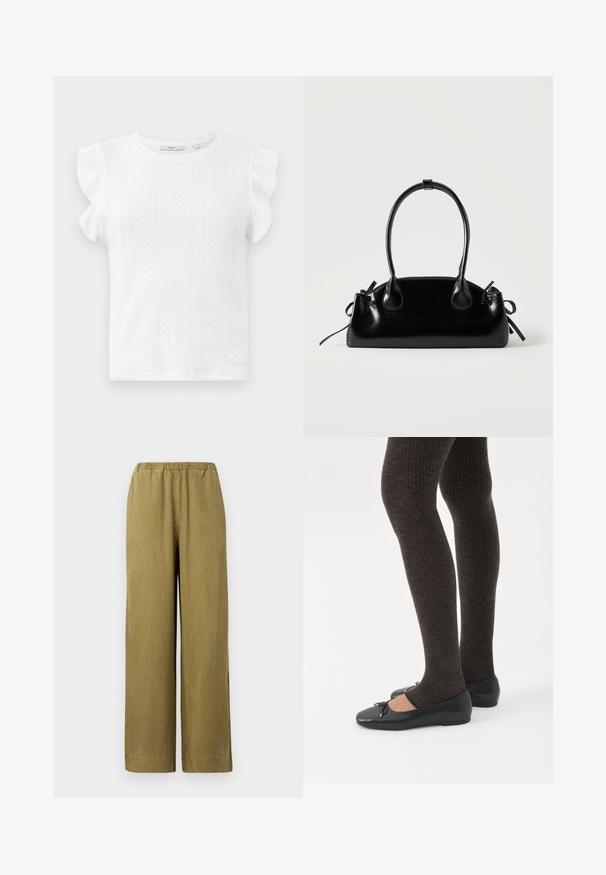 Top blanco de mangas cortas con hombros volantes, que presenta un patrón texturizado de pequeños diamantes y un escote redondeado. Tejido suave.; Pantalones de pierna ancha en caqui con cintura elástica, hechos de material de algodón suave. Presentan aberturas laterales y un corte recto, ofreciendo un ajuste relajado.; Piernas con leggings oscuros acanalados combinados con bailarinas negras que presentan pequeños detalles de lazo sobre un fondo blanco.; Pequeño bolso negro brillante con dos asas largas y detalles de cordón lateral sobre un fondo claro liso.