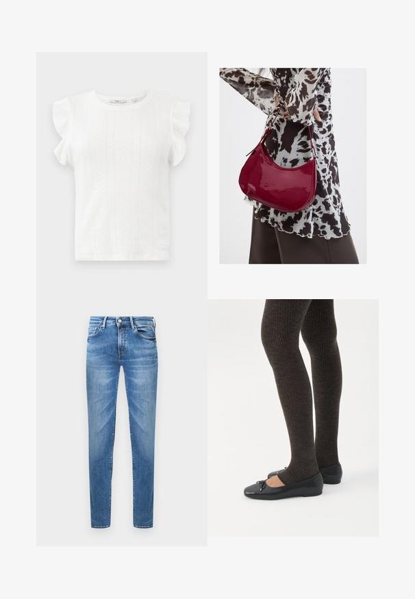 Hvid kortærmet top med flæser på skuldrene, prydet med et struktureret mønster af små diamanter og en rund halskant. Blødt stof.; Lyseblå denimjeans med slim fit. Funktioner inkluderer en knaplukning, fem lommer og en slidseffekt på lårene.; Ben iført mørke ribbede leggings kombineret med sorte balletsko med små sløjfedetaljer på hvid baggrund.; Kvinde iført en sort- og hvidmønstret bluse, der holder en blank rød skuldertaske mod en ensfarvet baggrund.