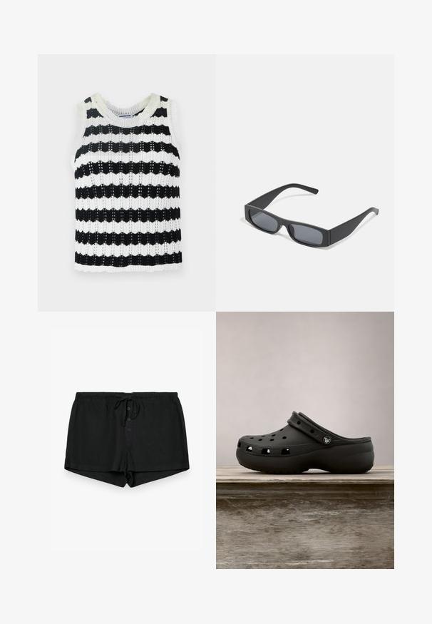 Top de punto sin mangas a rayas en blanco y negro con cuello redondo, que presenta un patrón texturizado y un dobladillo con forma de concha.; Pantalones cortos casuales negros con cintura elástica, cordón ajustable y cierre frontal de tres botones, colocados planos sobre un fondo blanco.; Zueco de goma negro con agujeros de ventilación, tacón elevado, correa trasera y suela texturizada. Acabado liso con un diseño minimalista.; Gafas de sol negras rectangulares con lentes oscuros y montura gruesa mate. Las varillas son ligeramente cónicas con una textura suave.