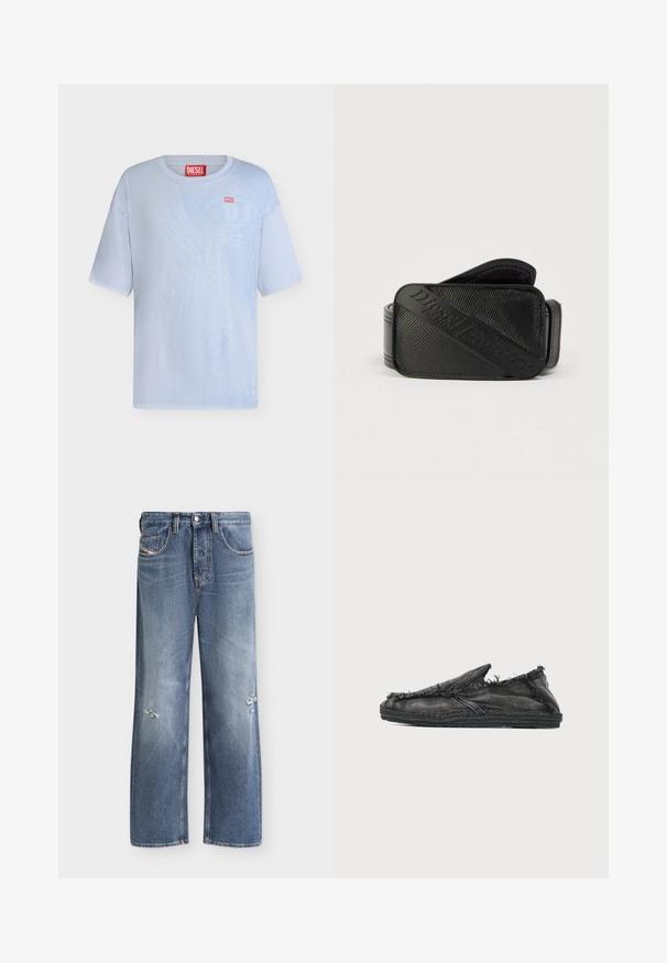 T-shirt Diesel bleu clair à manches courtes avec logo Diesel rouge et blanc sur la poitrine et le col, présenté sur fond blanc uni.; Jean bleu droit avec légère usure aux deux jambes, poches avant, passants de ceinture et fermeture par bouton.; Chaussure slip-on en denim noir avec bords effilochés et semelle tissée, vue de côté sur fond blanc.; Ceinture noire présentant un design texturé avec un logo en relief bien visible. Le matériau semble lisse avec une finition en cuir.