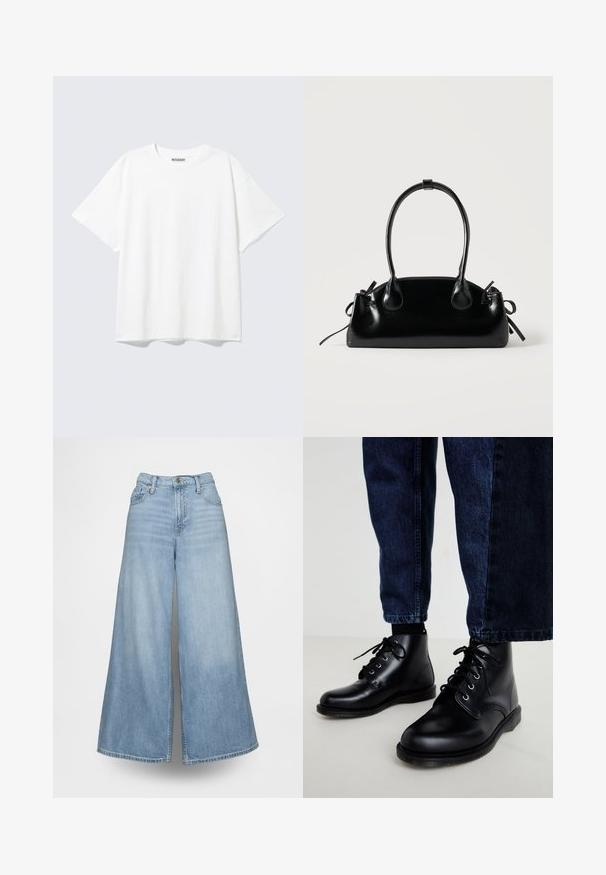 Witte T-shirt met korte mouwen en een ronde hals, met een relaxte pasvorm en een "WEEKDAY" label aan de binnenkant achter bij de hals.; Lichtblauwe wijde jeans van denim, met een hoge taille, voorzakken en een knoopsluiting. De stof heeft een verweerde wassing.; Zwarte leren enkellaarzen met ronde neuzen, een vetersluiting, zilveren veteroogjes en getextureerde zolen, gecombineerd met donkerblauwe spijkerbroeken.; Kleine zwarte glanzende handtas met twee lange hengsels en zijkant trekkoord details op een effen lichte achtergrond.