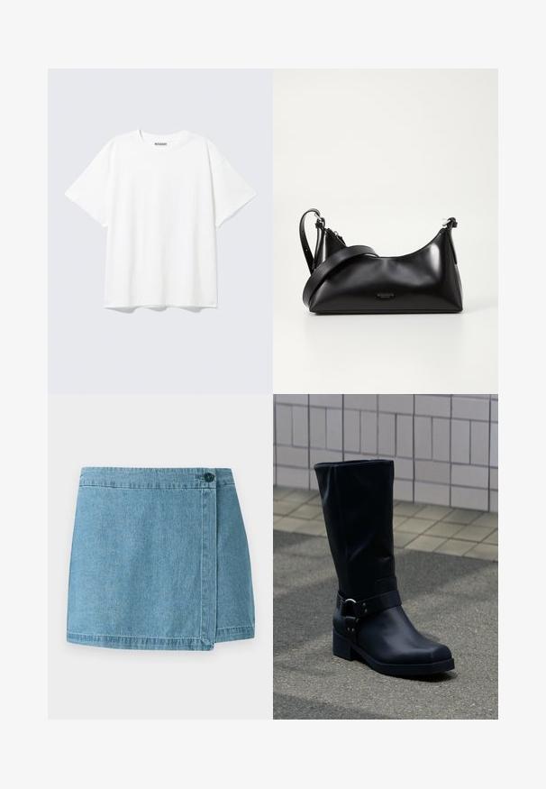 Witte T-shirt met korte mouwen en een ronde hals, met een relaxte pasvorm en een "WEEKDAY" label aan de binnenkant achter bij de hals.; Leren denim rok in lichtblauw, met een wikkelontwerp en een enkele knoopsluiting en gestikte zoom. Glad oppervlak zonder patronen.; Zwarte leren kuitlaars met een lage blokhak en een decoratieve riem met metalen gesp rond de enkel, op een betegeld trottoir.; Zwarte leren handtas met een gladde textuur. Beschikt over een verstelbare schouderband en een strak, minimalistisch ontwerp met een ritssluiting.