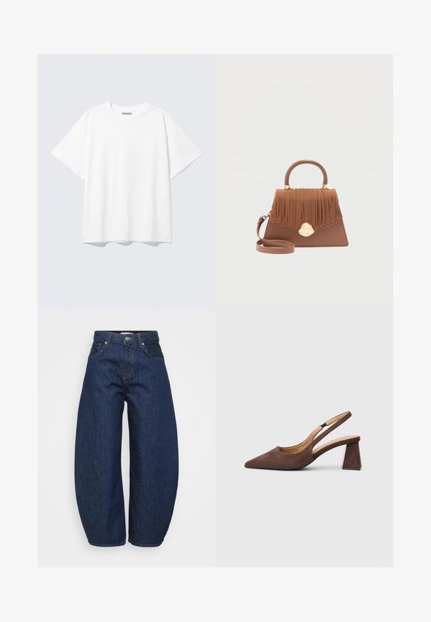 Hvid T-shirt med korte ærmer og rund halsudskæring med en afslappet pasform og et "WEEKDAY" mærke på indersiden af nakken bagtil.; Mørkeblå denimjeans med en bred, afslappet pasform. Har lynlås, fire lommer og kontrastsyet syning langs sømmene.; Brun ruskind slingback-sko med spidse tæer og en lav, blokhæl. Har et minimalistisk design med en struktureret overdel og læderforing.; Brun læderhåndtaske med plisseret klap, guldlås, afrundet øverste håndtag og aftagelig skulderrem på hvid baggrund.