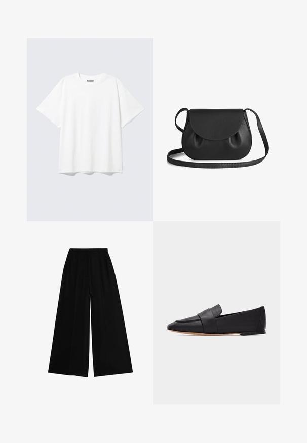 Camiseta blanca de manga corta con cuello redondo y un ajuste holgado, con una etiqueta "WEEKDAY" en la parte interior trasera del cuello.; Pantalones de pierna ancha negros con una cintura alta, hechos de una tela suave, que presentan pliegues planchados para aportar estructura y un ajuste a medida.; Mocasín plano de cuero negro con punta puntiaguda, banda ancha en la parte frontal y suela marrón clara, mostrado de perfil sobre fondo blanco.; Bolsa de cuero negro tipo bandolera con forma redondeada, que cuenta con un cierre con solapa y suaves detalles fruncidos. Correa ajustable para mayor comodidad.