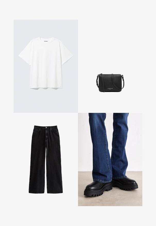 Camiseta blanca de manga corta con cuello redondo y un ajuste holgado, con una etiqueta "WEEKDAY" en la parte interior trasera del cuello.; Pantalones de denim negros de pierna ancha con una cintura alta, que cuentan con un clásico diseño de cinco bolsillos y un cierre de botón, fabricados con una resistente tela de algodón.; Botas de plataforma negras gruesas con suelas de goma texturizada, punta redondeada y parte superior de cuero suave, combinadas con jeans de campana azules.; Bolso bandolera de cuero negro con correa ajustable y cremallera plateada, logo "Liebeskind Berlin" en el centro delantero.