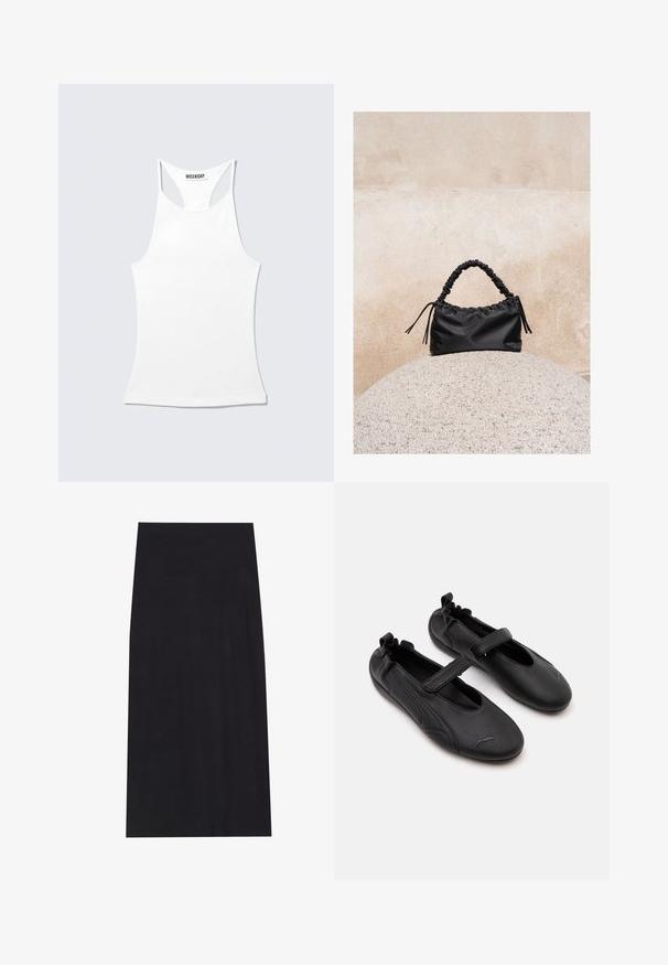 Débardeur blanc dos nageur avec un col montant et une étiquette "WEEKDAY" au niveau du col arrière, posé à plat sur un fond clair.; Jupe midi noire en tissu doux et extensible. Présente une silhouette droite et une taille élastique pour un ajustement confortable.; Paire de chaussures en cuir noir style Mary Jane avec arrière élastiqué et bride velcro, avec un logo Puma discret sur chaque orteil.; Sac à main noir froncé avec une poignée froncée, posé sur une sphère en pierre texturée devant un mur en béton beige.