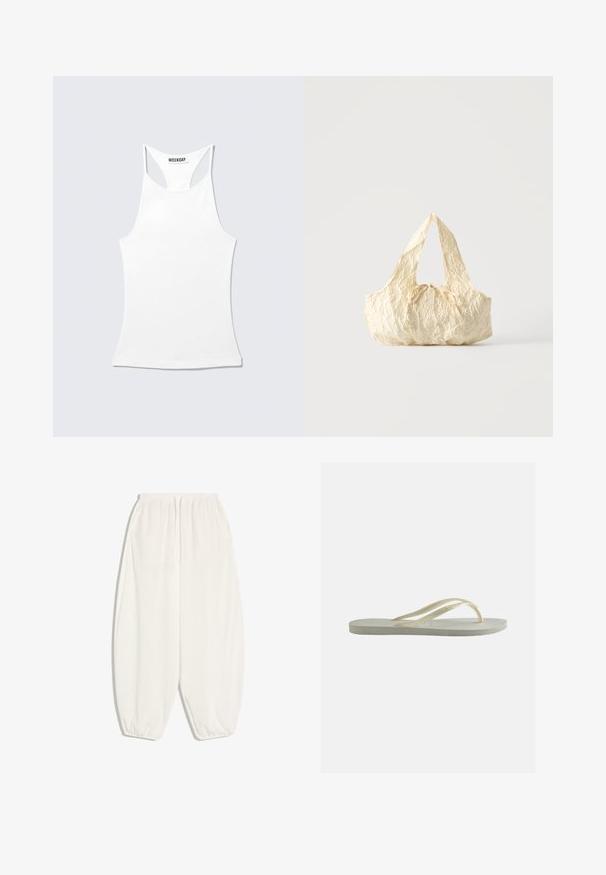 Witte racerback tanktop met een hoge halslijn en een "WEEKDAY" label aan de achterkant van de kraag, plat gelegd op een lichte achtergrond.; Witte, losvallende broek met een elastische tailleband en boorden bij de enkels. Gemaakt van een lichtgewicht, gestructureerde stof.; Enkele ecru rubberen teenslipper met dunne bandjes en een gestructureerd voetbed, zijaanzicht op een effen achtergrond.; Handtas van crèmekleurige gestructureerde stof met bovenhandvatten en een klein geknoopt strikje middenvoor.