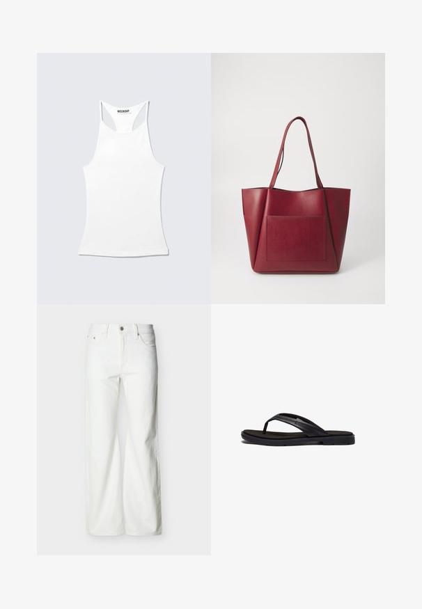 Camiseta sin mangas blanca con espalda de corredor y un cuello alto, con una etiqueta "WEEKDAY" en el cuello trasero, colocada plana sobre un fondo claro.; Vaqueros blancos de talle alto y pierna recta con botón frontal, cierre de cremallera y bolsillos laterales y traseros, sobre un fondo liso y claro.; Chancla negra con suela de goma de textura suave y correas sintéticas elegantes. El diseño incluye un hardware minimal y un perfil bajo.; Bolso tote de cuero rojo con dos asas largas, que presenta un bolsillo frontal. Textura suave y diseño estructurado con lados angulares.