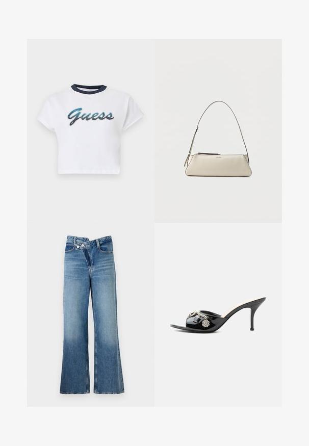 Λευκό κοντομάνικο cropped t-shirt με κοντά μανίκια, ναυτικό γιακά και λογότυπο "Guess" σε μπλε και μαύρη γραμματοσειρά στο στήθος.; Ανοιχτό μπλε τζιν παντελόνι σε φαρδιά γραμμή με ψηλή μέση, που διαθέτει δύο κουμπιά και εμπρός τσέπες. Το ύφασμα έχει ξεθωριασμένη υφή με ήπιες παραλλαγές.; Μαύρα λουστρίνι ψηλοτάκουνα mules με ανοιχτή μύτη και διακοσμητικά ασημένια γούρια, όπως ένα λουλούδι και ένα λουκέτο στον μπροστινό ιμάντα.; Μικρή μπεζ δερμάτινη τσάντα ώμου με λεπτό λουράκι και φερμουάρ κλεισίματος, με διακριτικό μεταλλικό λογότυπο στο κέντρο μπροστά.