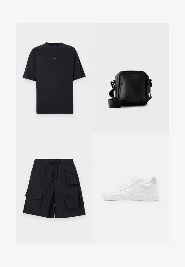 Oakley RISE TEE - Lihtne T-särk - blackout; Mustad musta värvi cargo lühikesed püksid, mis on valmistatud kergest kangast. Need sisaldavad mitmeid suuri taskuid, elastset vöökohta ja nööriga, ning silmapaistva sileda tekstuuri.; Valged nahast spordijalatsid siledast nahast viimistlusega, ümarate varvastega, lamekestega ja tekstuuriga tallaga. Hall suede aktsent kanna juures.; Must kompaktne ristihoidmisvöö, esiküljel lukuga tasku, reguleeritav rihm ja tekstuuriga kangas ühevärvilise tausta ees.