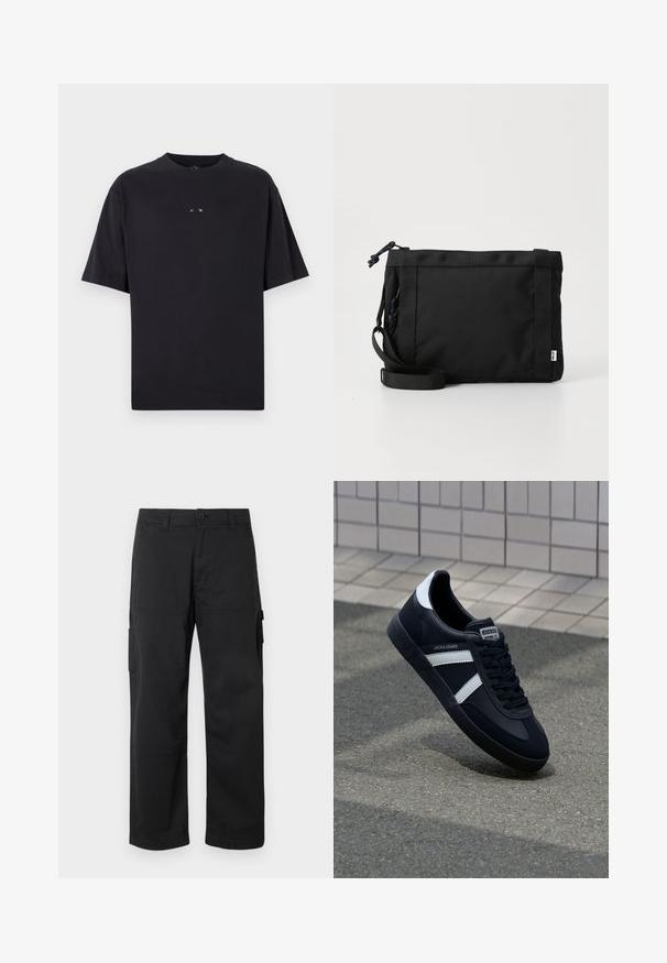 Oakley RISE TEE - Camiseta básica - blackout; Pantalones cargo negros con diseño de pierna recta, múltiples bolsillos laterales y cierre de botón. Fabricados con un tejido duradero y ligero.; Zapatilla de cuero negra con rayas blancas, suela de goma texturizada y parte frontal con cordones. Cuenta con una etiqueta de marca en la lengüeta.; Bolsa de hombro de tela negra con exterior texturizado, correa ajustable y cierre de cordón. Presenta costuras llamativas y una etiqueta lateral.