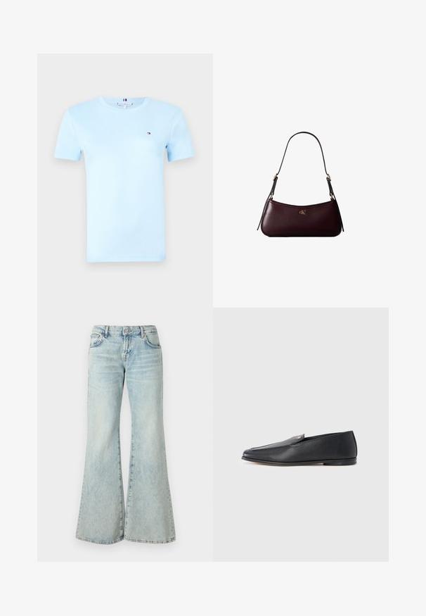 Lichtblauw katoenen T-shirt met korte mouwen en ronde hals, met klein geborduurd logo op de linkerborst.; Lichtblauwe flared jeans van denim, met een hoge taille, zakken en rafelige zomen. De stof heeft een vervaagde wassing en een subtiele textuur.; Zwarte leren loafers met een gladde textuur, een afgeronde neus en subtiele stiksel details. Voorzien van een gouden logomerk aan de bovenzijde.; Donker bordeauxkleurige leren handtas met een smalle zwarte schouderband en klein gouden "cK" logo aan de voorkant in het midden.