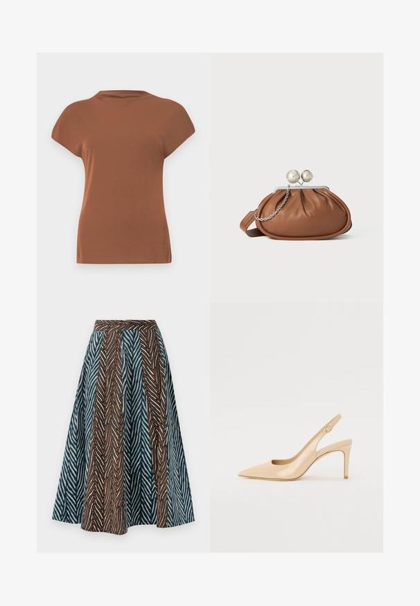 Haut marron à manches courtes en tissu doux, avec un col rond et une coupe décontractée, au toucher doux et sans motifs visibles.; Jupe midi marron et bleue avec un motif zigzag, un design plissé et une taille ajustée. Fabriquée en tissu léger.; Escarpin slingback en cuir verni nude avec un bout pointu, un décolleté ouvert et un talon aiguille fin. Comprend un accent doré circulaire sur la sangle.; Pochette en cuir marron avec un fermoir à boule en argent et un petit détail en chaîne argentée sur fond blanc.