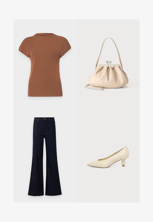 Haut marron à manches courtes en tissu doux, avec un col rond et une coupe décontractée, au toucher doux et sans motifs visibles.; Jean flare en denim bleu foncé avec une taille haute, des poches avant et des coutures visibles. Le tissu a une texture lisse et une forme structurée.; Chaussure femme couleur crème à bout pointu avec un petit talon rond en forme de boule, sur fond uni.; Sac à main en cuir souple beige avec un fermoir en métal argenté, une bandoulière simple et une bandoulière chaîne optionnelle sur fond blanc.