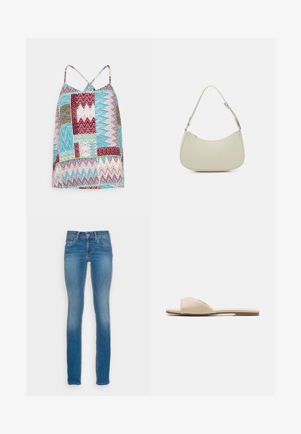 ONLY Tall ONLALMA LIFE CYRUS SINGLET - Topp - molten lava zigzag rhombus; Heledad helesinised teksad kitsaste lõigetega, viie taskuga ja kontrastsete oranžide õmblustega, varustatud nupuga ja tõmblukuga kinnitusega.; Lameed jalatsid pehmes beežis materjalis, avatud toe disainiga, sileda tekstuuriga ja minimalistliku kujuga, millel on heledat pruuni tooni talla.; Pieces PCALUANA SHOULDER BAG - Käekott - birch